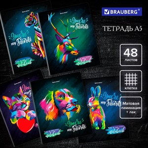 Тетрадь А5, 48 л., BRAUBERG, скоба, клетка, матовая ламинация, выборочный лак, "Animals Pop-Art" (микс в спайке), 404374 - фото 2723368