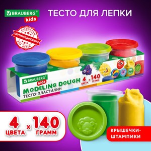 Пластилин-тесто для лепки BRAUBERG KIDS, 4 цвета, 560 г, яркие классические цвета, крышки-штампики, 106715 - фото 3301536