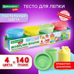 Пластилин-тесто для лепки BRAUBERG KIDS, 4 цвета, 560 г, пастельные цвета, крышки-штампики, 106717 - фото 3301537