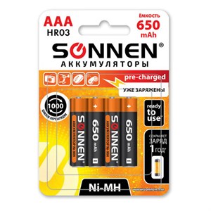 Батарейки аккумуляторные Ni-Mh мизинчиковые КОМПЛЕКТ 4 шт., AAA (HR03) 650 mAh, SONNEN, 455609 - фото 3304648