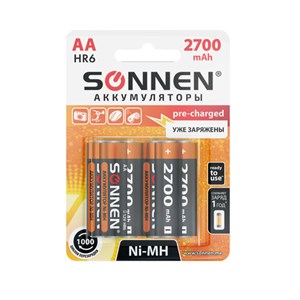 Батарейки аккумуляторные Ni-Mh пальчиковые КОМПЛЕКТ 6 шт., АА (HR6) 2700 mAh, SONNEN, 455608 - фото 3304649