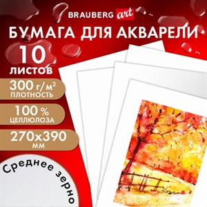 Бумага для акварели 300 г, 270x390 мм, среднее зерно, 10 листов, BRAUBERG ART PREMIERE, 115335 - фото 3446943