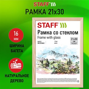 Рамка 21х30 см со стеклом, багет 16 мм дерево, STAFF "Sonata", цвет натуральный, 391358 - фото 3782761