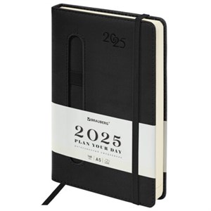 Ежедневник датированный 2025 А5 138x213 мм, BRAUBERG "Optimal", под кожу, резинка-фиксатор, держатель для ручки, черный, 115892 - фото 4039048
