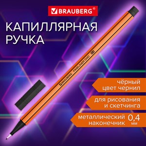 Ручка капиллярная (линер) ЧЕРНАЯ, BRAUBERG "FINE 040", шестигранная, линия письма 0,4 мм, 144139 - фото 4981520