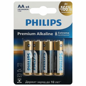 Батарейки алкалиновые "пальчиковые" КОМПЛЕКТ 4 шт., PHILIPS Premium Alkaline, АА (LR6, 24А), блистер, Б0062753 - фото 4983670