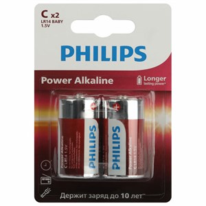 Батарейки алкалиновые КОМПЛЕКТ 2 шт., PHILIPS Power Alkaline, C (LR14, 14А), блистер, Б0062687 - фото 4983680