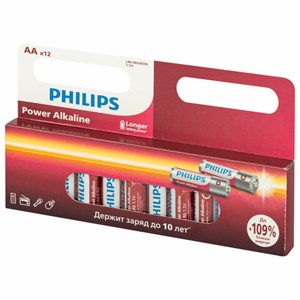 Батарейки алкалиновые "пальчиковые" КОМПЛЕКТ 12 шт., PHILIPS Power Alkaline, АА (LR6, 24А), блистер, Б0064661 - фото 4983682