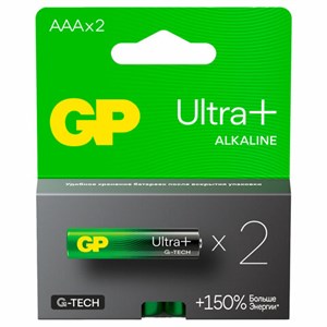 Батарейки КОМПЛЕКТ 2 шт, GP Ultra Plus G-Tech, AAA (LR03), алкалиновые,мизинчиковые,, 24AUPA21-2CRSB2 - фото 5505169