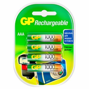 Батарейки аккумуляторные Ni-Mh мизинчиковые КОМПЛЕКТ 4 шт AAA (HR03) 930 mAh, GP, 100, 100AAAHC - фото 5505204