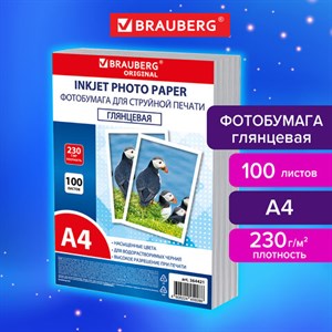 Фотобумага глянцевая, А4, 230 г/м2, односторонняя, 100 листов, ПАКЕТ, BRAUBERG ORIGINAL 364421 - фото 6134022