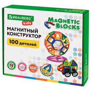 Магнитный конструктор MAGNETIC BLOCKS, 100 деталей, 2 колесные базы, карусель, BRAUBERG KIDS, 665720 - фото 6167203