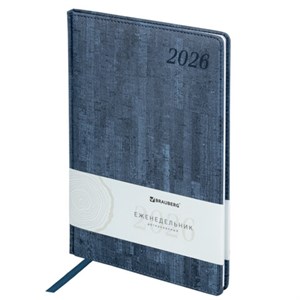 Еженедельник датированный 2026 БОЛЬШОЙ ФОРМАТ 210х297 мм, А4 BRAUBERG "Wood", под кожу, синий, 117158 - фото 6279750