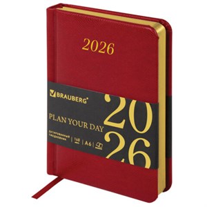 Ежедневник датированный 2026 МАЛЫЙ ФОРМАТ 100х150мм А6, BRAUBERG Iguana, под кожу, красный, 117251 - фото 6280094