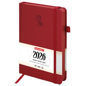 Ежедневник датированный 2026, А5, 138х213 мм, BRAUBERG "Plain", под кожу, резинка, держатель для ручки, красный, 117508 - фото 6280634