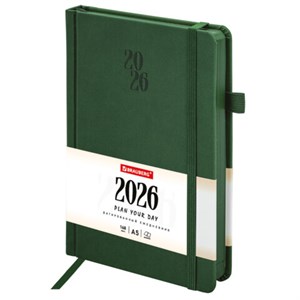 Ежедневник датированный 2026, А5, 138х213 мм, BRAUBERG "Plain", под кожу, резинка, держатель для ручки, темно-зеленый, 117507 - фото 6280655