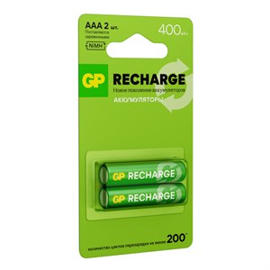 Батарейки аккумуляторные GP ReCharge Ni-Mh мизинчиковые КОМПЛЕКТ 2 шт., ААА (HR03) 400 mAh, 40AAAHCV, 40AAAHCV-2CRSB - фото 6315596