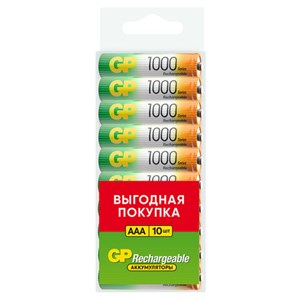 Батарейки аккумуляторные GP ReEnergy Ni-Mh мизинчиковые КОМПЛЕКТ 10 шт., ААА (HR03), 950 mAh, 100AAAHCRGY, 100AAAHC-CRB10 - фото 6315597