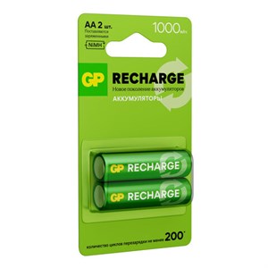 Батарейки аккумуляторные GP ReCharge Ni-Mh пальчиковые КОМПЛЕКТ 2 шт., АА (HR6) 1000 mAh, 100AAHCV, 100AAHCV-2CRSB - фото 6315602