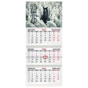 Календарь квартальный на 2026 г., 3 блока, 3 гребня, бегунок, мелованная бумага, BRAUBERG, "Лошадь", 116791 - фото 6386927