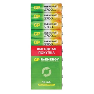 Батарейки аккумуляторные GP ReEnergy Ni-Mh пальчиковые КОМПЛЕКТ 10 шт., АА (HR6), 2600 mAh, 270AAHCRGY, 270AAHC-CRB10 - фото 6517091
