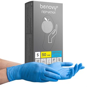 Перчатки нитриловые смотровые 50 пар (100 шт.) размер S, голубые, BENOVY Nitrile Chlorinated, ЧЗ, М - фото 6544925