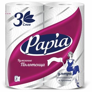 Полотенца бумажные бытовые, спайка 2 шт., 3-слойные (2х10,8 м), PAPIA, 23x12,5 см, белые, 5081504 - фото 6616520