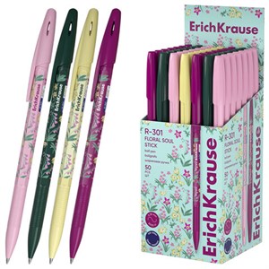 Ручка шариковая ERICH KRAUSE "R-301 Stick Floral" СИНЯЯ, синяя, корпус ассорти, линия 0,35 мм, 63077 - фото 6843736