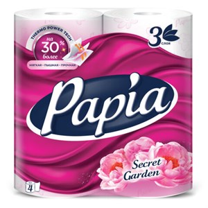 Бумага туалетная бытовая, спайка 4 шт., 3-слойная (4х16,5 м), PAPIA, аромат "Таинственный сад", 5080741 - фото 6852317