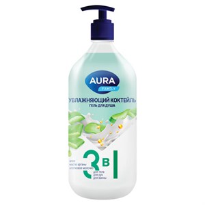 Гель для душа 3 в 1 для тела, рук и ванны 1 л, AURA FAMILY "Увлажняющий коктейль", дозатор, 14953 - фото 6907340