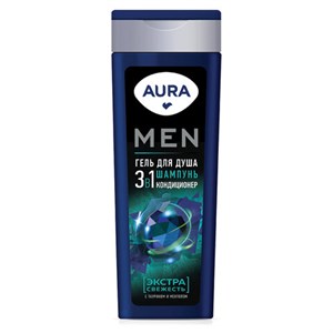 Гель для душа 3 в 1, шампунь + кондиционер 380 мл, AURA MEN "Экстра Свежесть", 13919 - фото 6907342