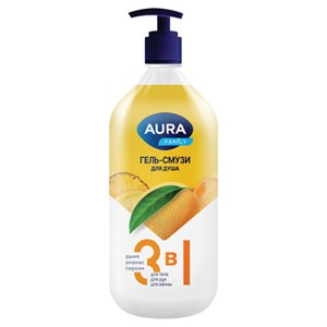 Гель-смузи для душа 3 в 1 для тела, рук и ванны 1 л, AURA FAMILY "Дыня, ананас, персик", дозатор, 14950 - фото 6907352