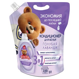 Кондиционер-ополаскиватель для белья 3л QUALITA "Голубая лаванда", с антистатиком, дой-пак, 14477 - фото 6907358