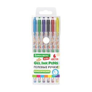 Ручки гелевые КЛАССИЧЕСКИЕ BRAUBERG KIDS "CUTE ANIMALS", НАБОР 6 ЦВЕТОВ, корпус с печатью, узел 1 мм, линия письма 0,7 мм, 144441 - фото 7463202