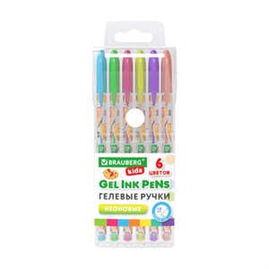 Ручки гелевые НЕОНОВЫЕ BRAUBERG KIDS "CUTE ANIMALS", НАБОР 6 ЦВЕТОВ, корпус с печатью, узел 1 мм, линия письма 0,7 мм, 144442 - фото 7463203