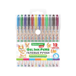 Ручки гелевые КЛАССИЧЕСКИЕ BRAUBERG KIDS "CUTE ANIMALS", НАБОР 12 ЦВЕТОВ, корпус с печатью, узел 1 мм, линия письма 0,7 мм, 144445 - фото 7463208