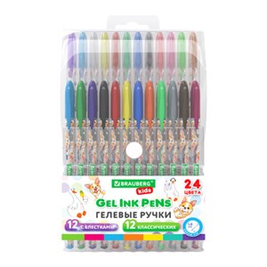 Ручки гелевые BRAUBERG KIDS "CUTE ANIMALS", НАБОР 24 ЦВЕТА, корпус с печатью, узел 1 мм, линия письма 0,7 мм, 144447 - фото 7463211
