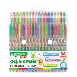 Ручки гелевые BRAUBERG KIDS "CUTE ANIMALS", НАБОР 36 ЦВЕТОВ, корпус с печатью, узел 1 мм, линия письма 0,7 мм, 144448 - фото 7463212