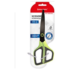 Ножницы BRAUBERG "JET Special", салатовые, 210 мм, 3-х сторонняя заточка, тефлоновое покрытие, 238852 - фото 7499327