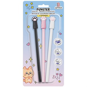 Ручки с топпером шариковые FUNSTER (ФАНСТЕР) "CAT PAWS", НАБОР 3 ШТУКИ, СИНИЕ, пишущий узел 0,7 мм, линия письма 0,35 мм, 144375 - фото 7527234