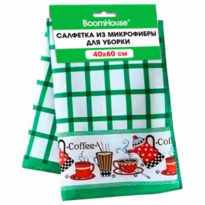 Салфетка из МИКРОФИБРЫ универсальная, 40х60 см, зеленая клетка, орнамент, 240 г/м2, BOOMHOUSE (БУМХАУС), 700878 - фото 7540022