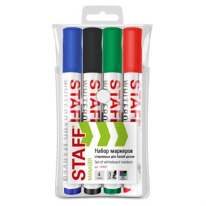 Маркеры стираемые для белой доски НАБОР 4 ЦВЕТА, STAFF "MANAGER" WBM-300, 3 мм, с клипом, 152637 - фото 7572425