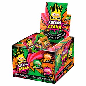 Конфета жевательная КИСЛАЯ АТАКА с кислым центром, ассорти 3 вкусов, 4,5 г, KA-1-1 - фото 7636384