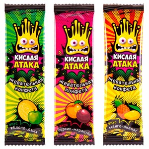 Конфета жевательная КИСЛАЯ АТАКА ассорти 3 вкусов, 11 г, KA-10-1 - фото 7636386