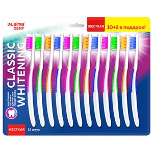 Зубная щетка жесткая, КОМПЛЕКТ 12шт (10 + 2 в подарок), LAIMA DENT "CLASSIC WHITENING", 609694 - фото 7647383