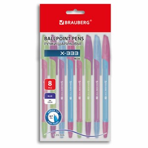 Ручки шариковые BRAUBERG "X-333 MIX", НАБОР 8 ШТУК, СИНИЕ, узел 0,7 мм, линия 0,35 мм, 144536 - фото 7826429