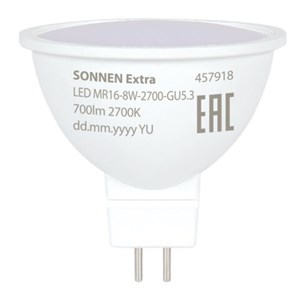 Лампа светодиодная SONNEN EXTRA, 8 (70) Вт, GU5.3, теплый белый, 30000 ч, LED MR16-GU5.3-8W-2700, 457918 - фото 7878659