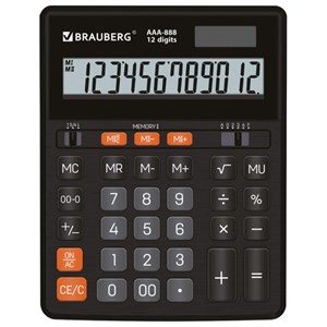 Калькулятор настольный BRAUBERG AAA-888 (202x159 мм),12 разрядов, ЧЕРНЫЙ, двойное питание, 273981 - фото 7956755
