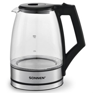 Чайник электрический SONNEN KT-1807, 1,8 л, 2200 Вт, термостойкое стекло, внутренняя подсветка синяя, нержавеющая сталь, 455140 - фото 8047029