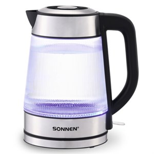 Чайник электрический SONNEN KT-6801, 1,8 л, 2200 Вт, термостойкое стекло текстура полоска, внутренняя подсветка синяя, нерж. сталь, 455143 - фото 8047034